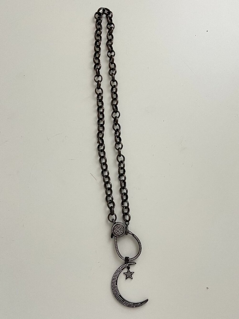 Boutique Pave Celestial Crescent Moon Star Pendant Dark Chain Carabiner Necklace